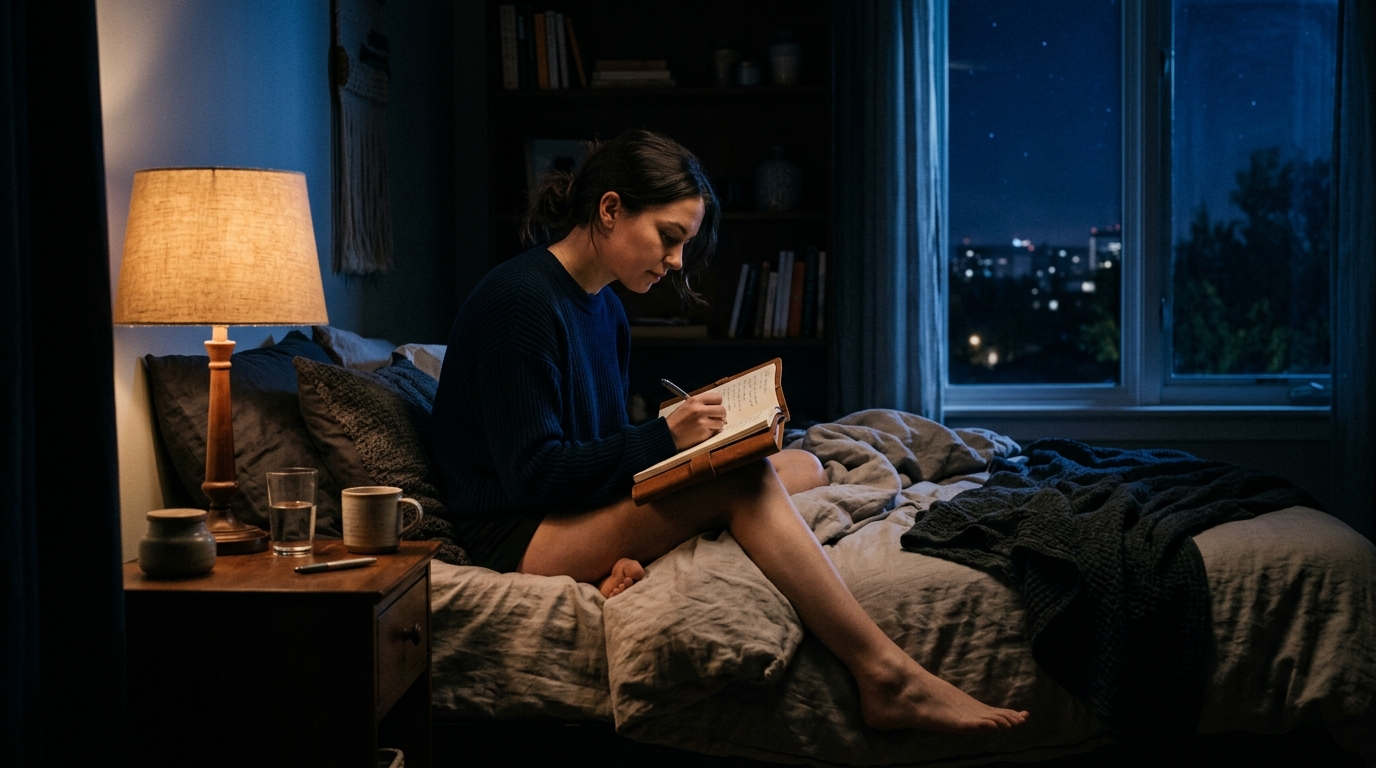 A moody, atmospheric midnight bedroom scene with soft moonlight and a warm bedside lamp glow as a person journals in contemplation