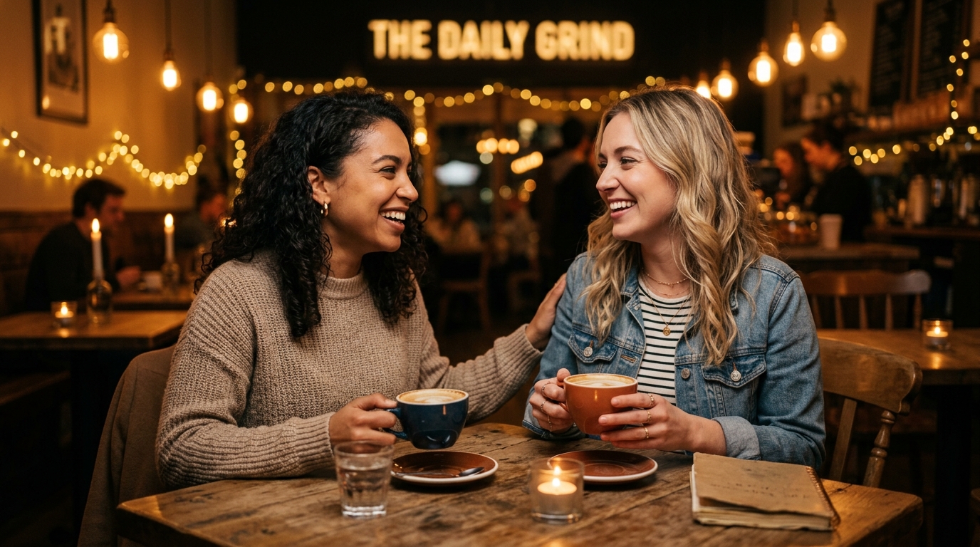 Warm gathering of genuine friends engaged in deep conversation over coffee at dusk