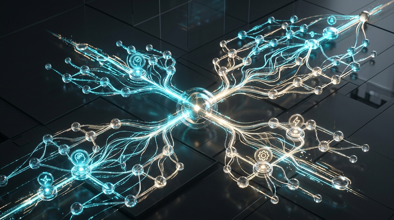 Futuristic 3D neural network workflows and AI productivity tools