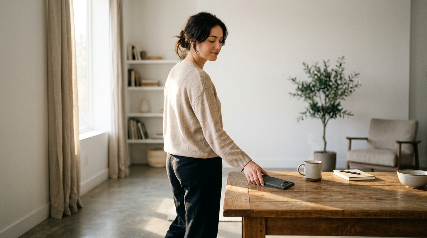 A person placing a smartphone face down on a wooden table in quiet morning sunlight, feeling peaceful