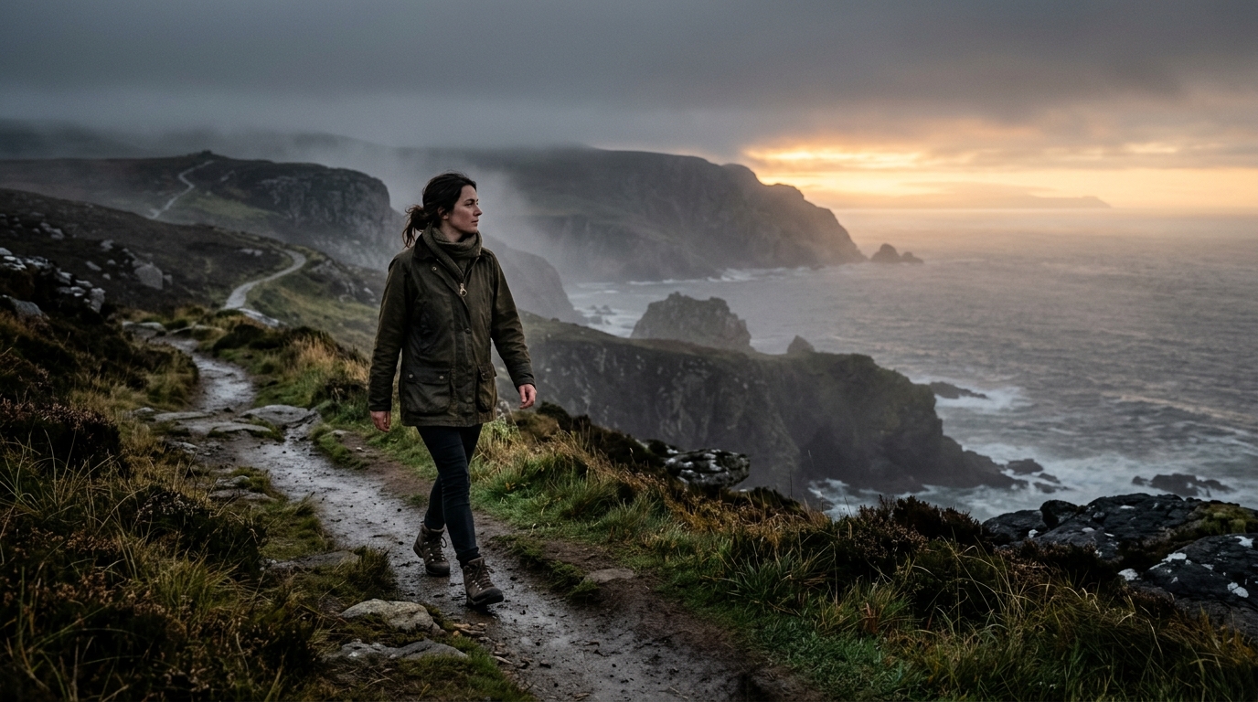 A person walking with quiet dignity along a misty coastal path toward the rising dawn sun