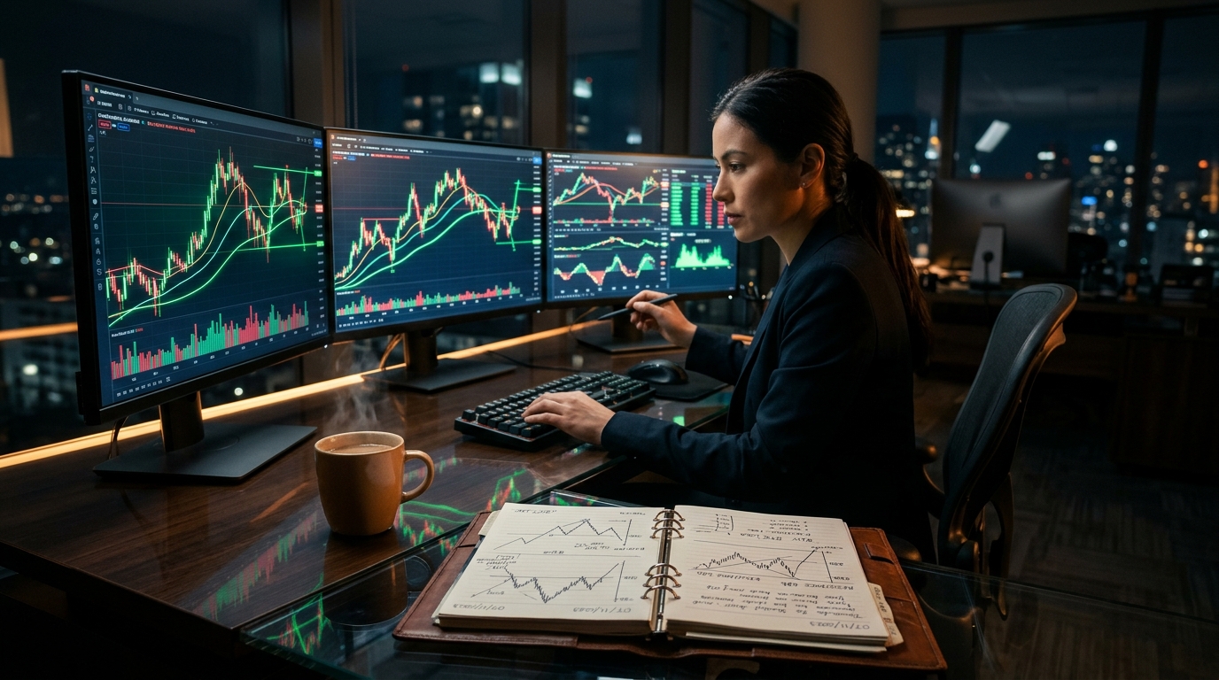 Illuminated neon green and red candlestick wavelength charts on trading workstation monitors