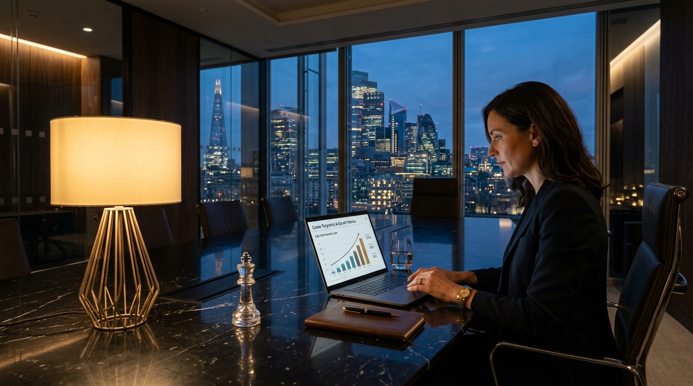 Modern luxury executive boardroom overlooking skyline with laptop displaying career growth metrics