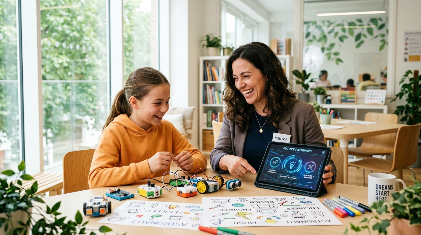 A mentor and young enthusiastic student exploring modular robotics and creative career roadmaps in a modern counseling studio