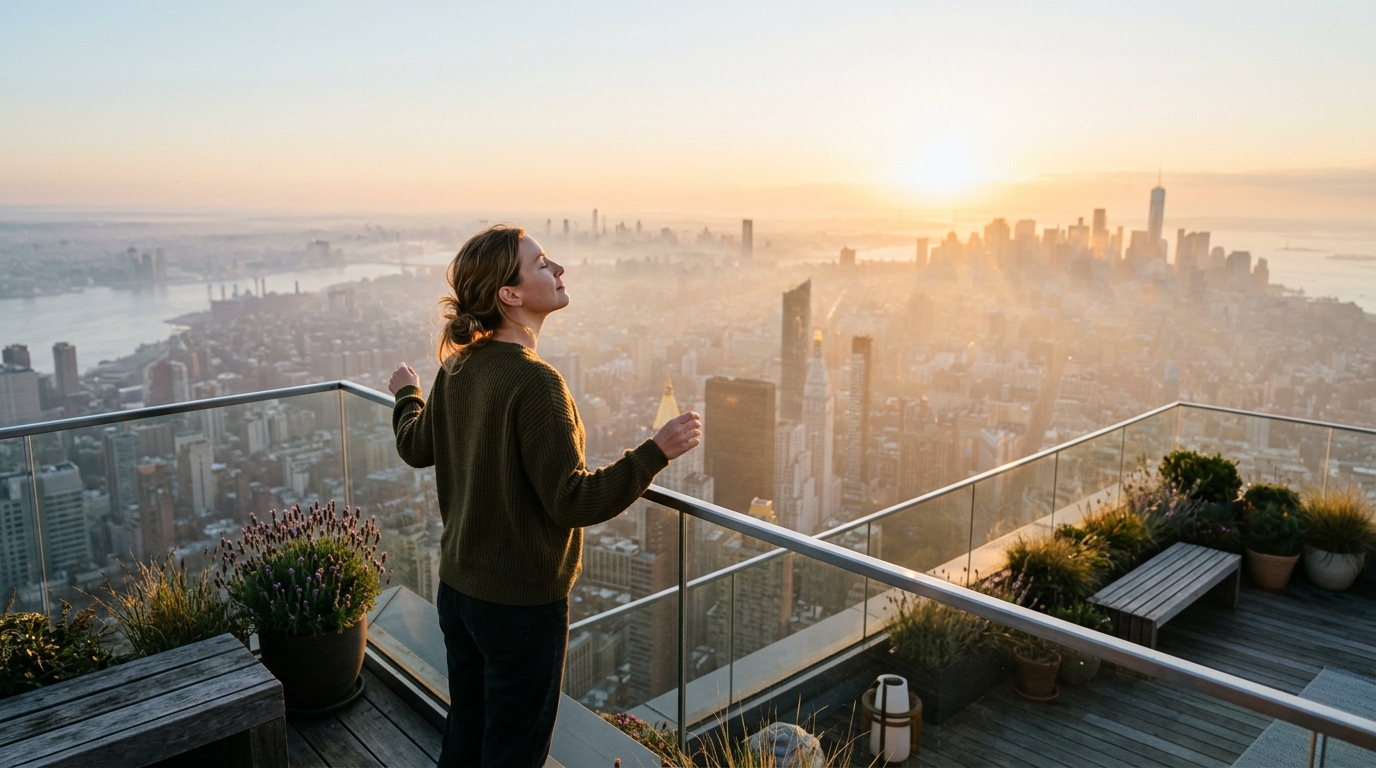 A person taking a deep breath of fresh air on a high rooftop terrace at sunrise with a profound sense of inner peace and liberation