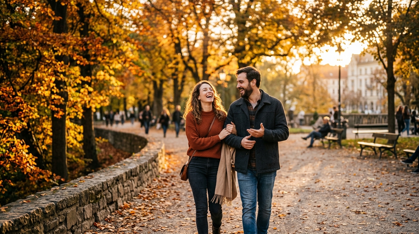 A couple walking joyfully along a golden autumn park path engaged in deep, laughing, animated conversation in warm sunlight
