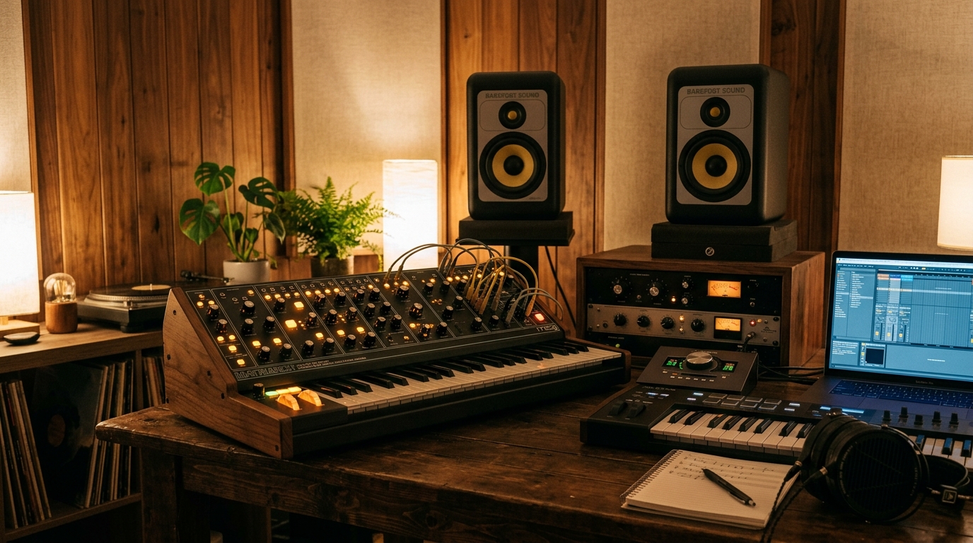 Creative production studio desk with cinematic microphone, camera, warm glowing lamps and digital draft