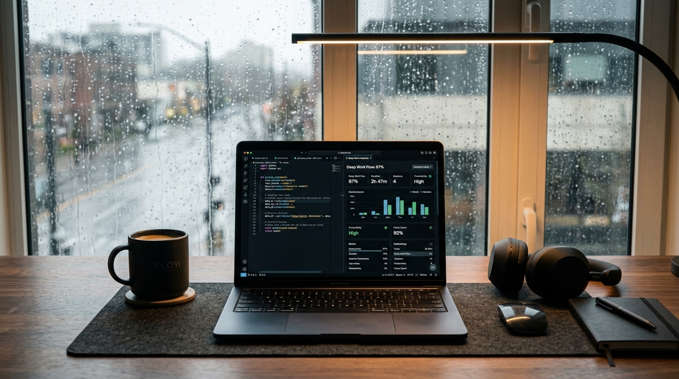 Ultra-clean minimalist workspace with glowing geometric focus beam and serene twilight ambient light