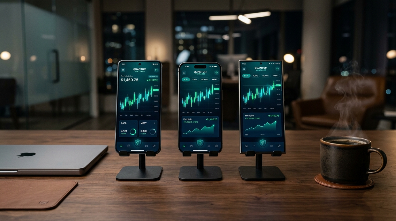 Modern smartphones displaying trading apps Zerodha, Groww, Angel One, and security shields