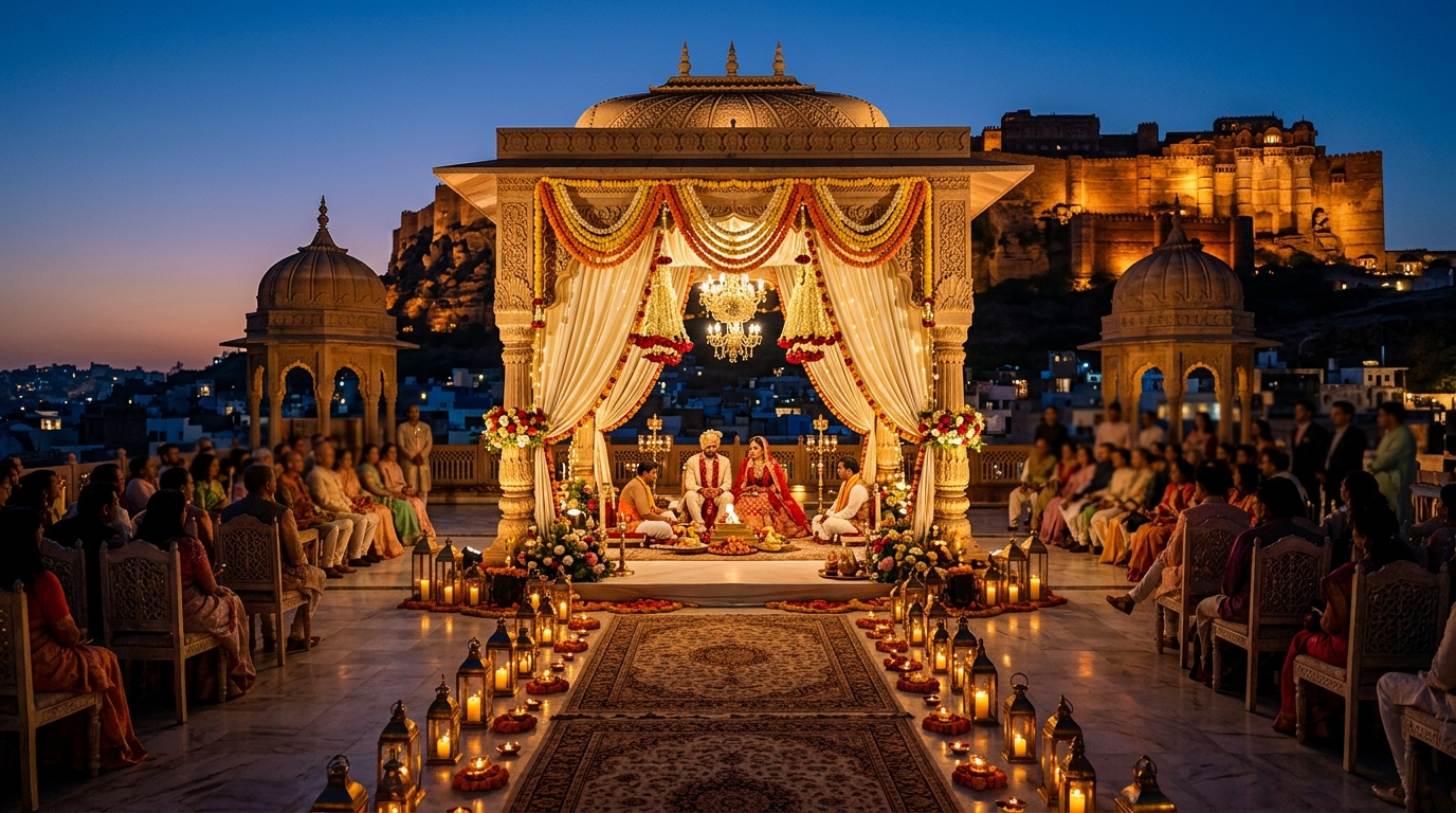 Majestic Rajasthani palace terrace illuminated at dusk with royal mandap, glowing fairy lights, and Mehrangarh Fort silhouettes in Jodhpur