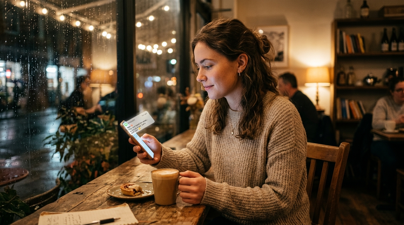 A thoughtful young adult in a cozy cafe receiving a smartphone notification with grounded emotional composure
