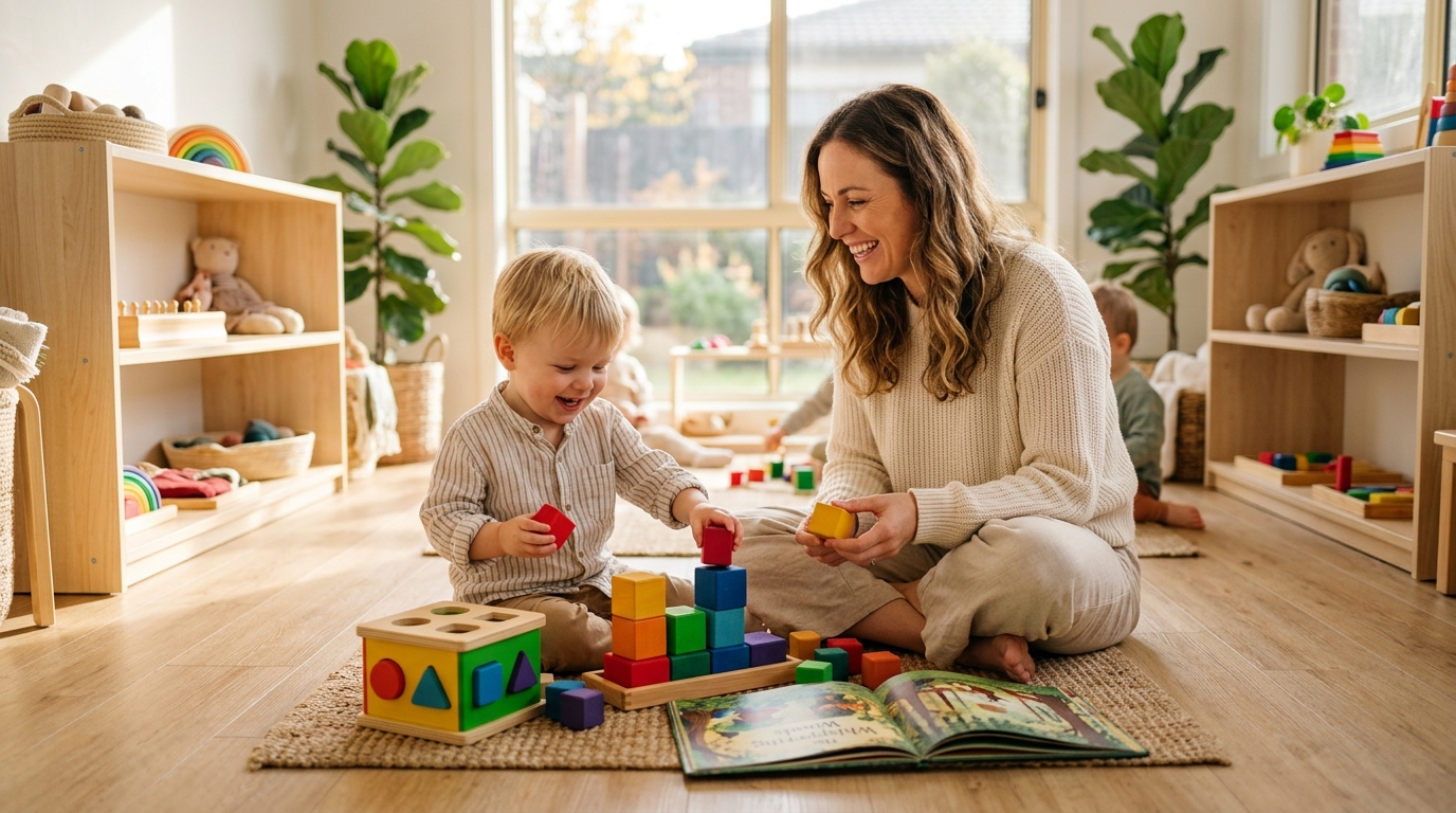 Toddler and parent joyfully playing with colorful wooden stacking blocks and picture books in a bright play school