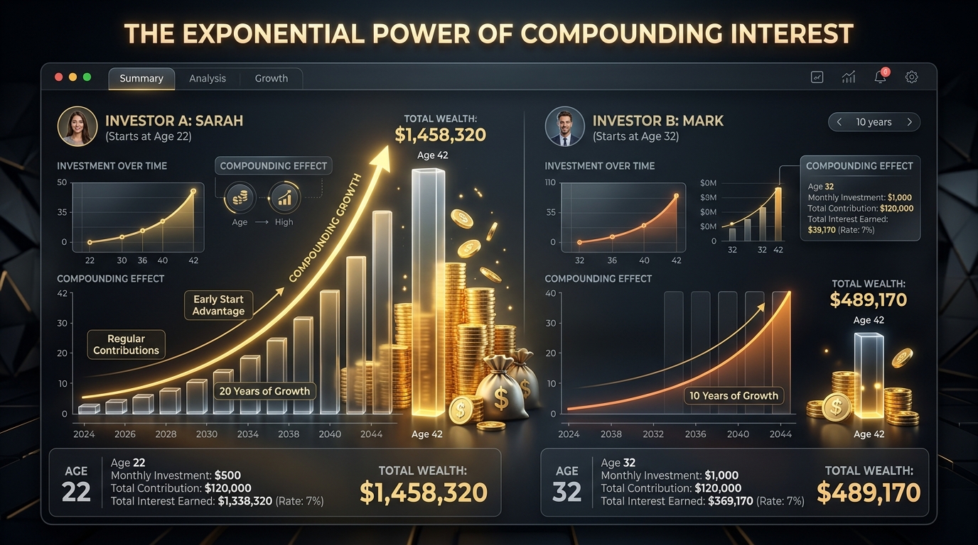 Golden wealth compounding charts merging into a warm, grounded visual representing financial security combined with deep emotional connection