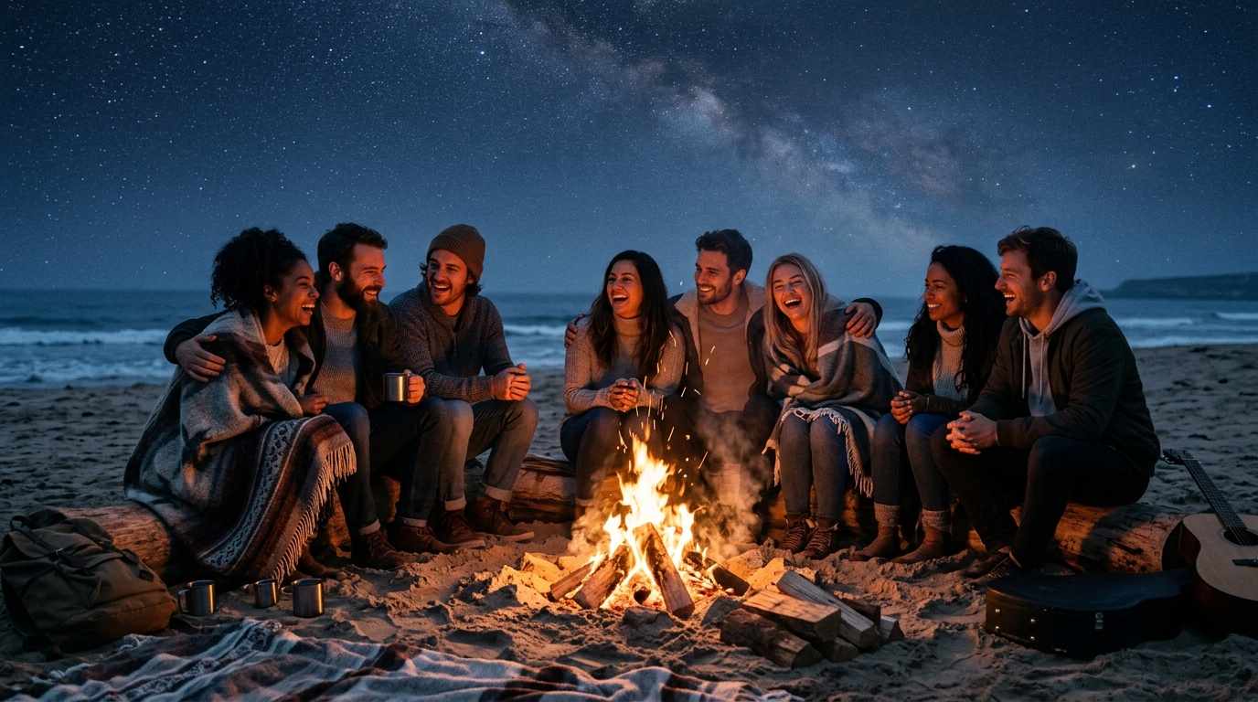 Soulful community of like-minded individuals gathered around a warm creative fire under starry night sky