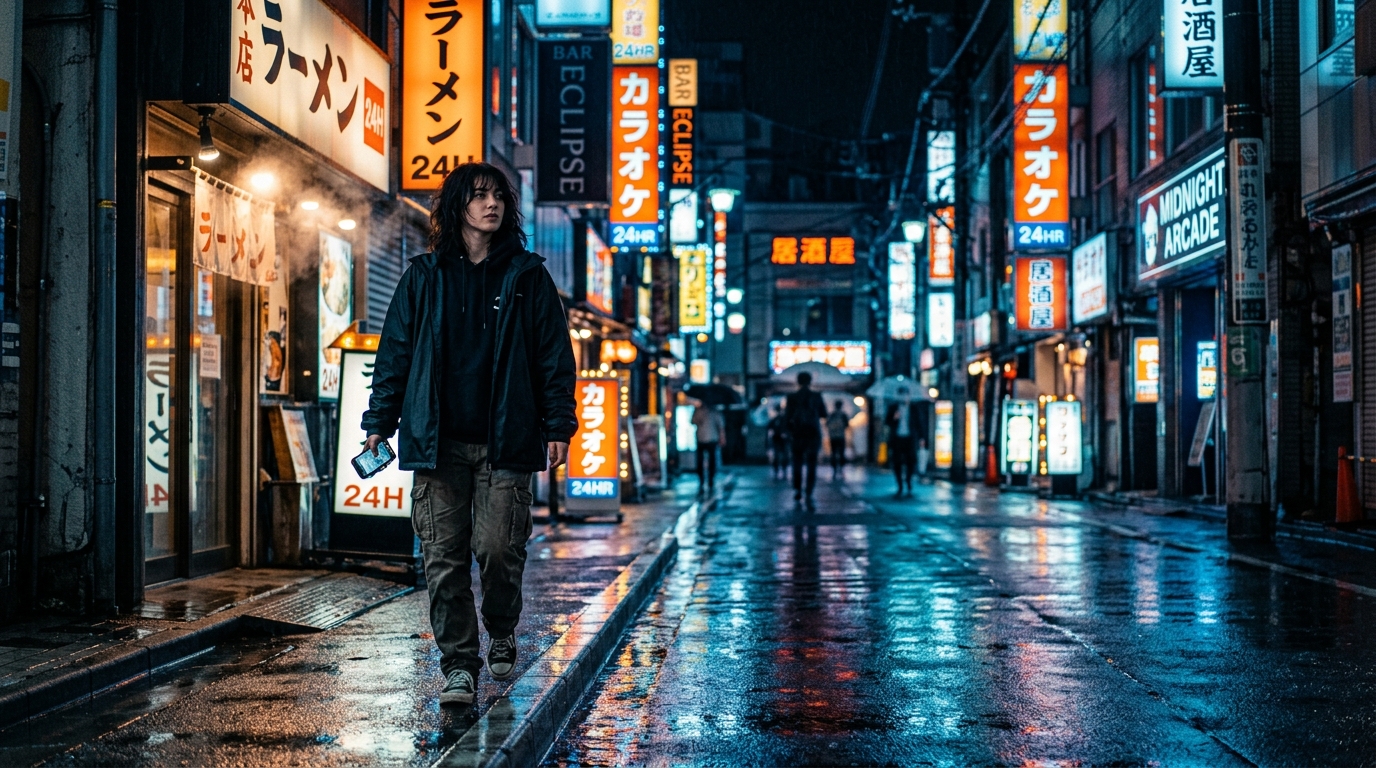 A solitary young woman walking through a rainy city street illuminated by vibrant neon signs at night
