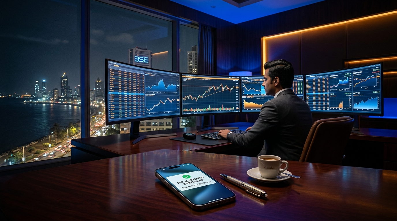 Stock market trading desk showing IPO subscription charts, Reliance Jio valuation metrics, and allotment notification