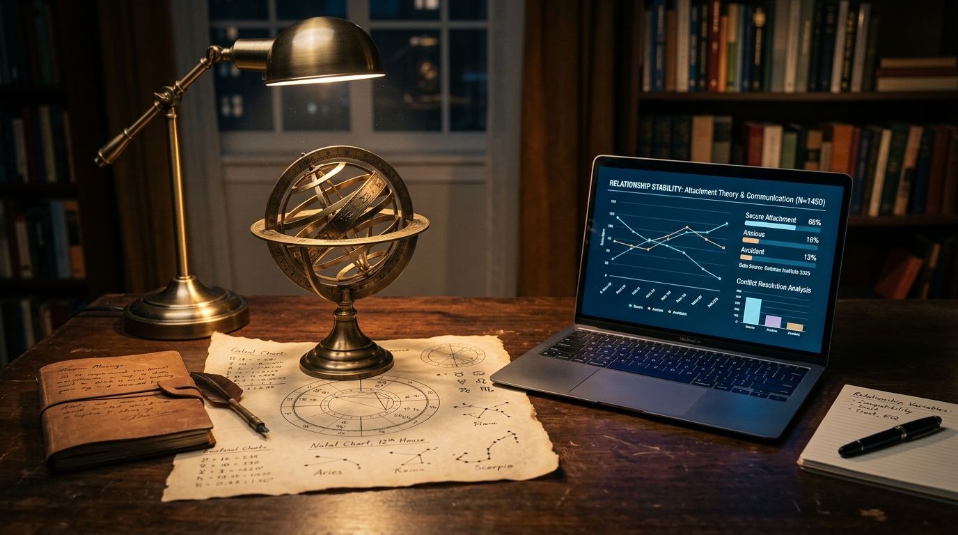Astrological chart and ancient planetary wheel blending with modern emotional partnership aesthetics in warm gold lighting