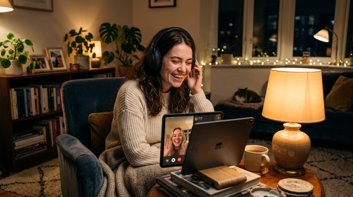 Connected digital world map and two friends sharing an audio call across distant skylines