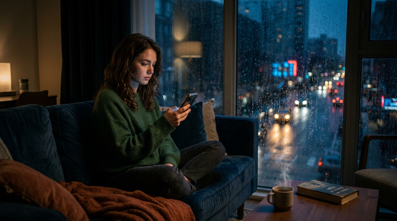 A young woman sitting on a sofa beside a rainy window looking at her phone thoughtfully