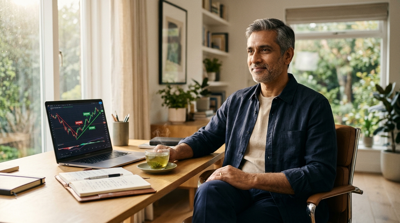 Composed Indian investor analyzing market crash recovery trajectory with tea and financial journal
