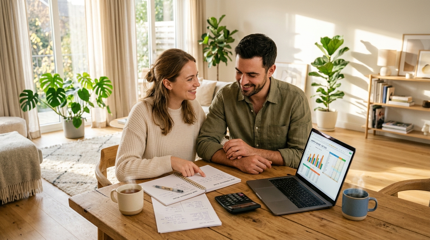 Couple reviewing personal financial budget spreadsheets and mutual investment plans calmly across a modern kitchen counter