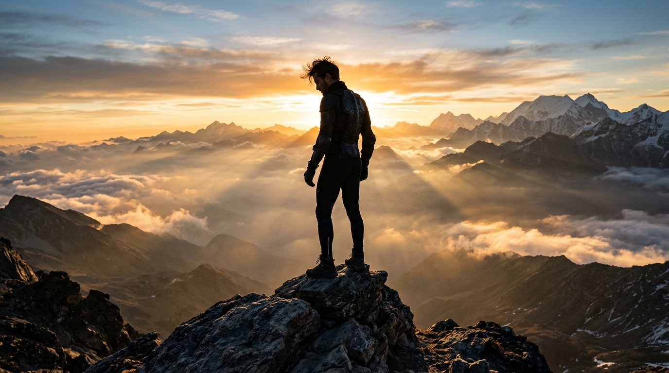Cinematic determined athlete standing on mountain summit at sunrise representing stoic mental discipline