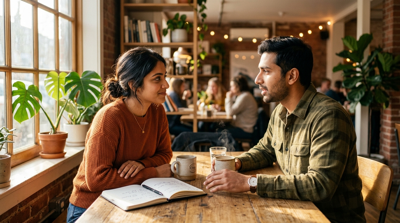 Couple having an open, honest, intimate conversation with notebooks and coffee cups on a warm wooden balcony table