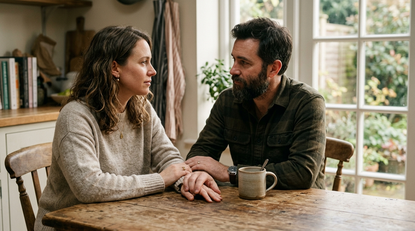 Two adults sitting across a wooden table with hands gently resting near each other, experiencing emotional honesty and cautious hope in soft morning light