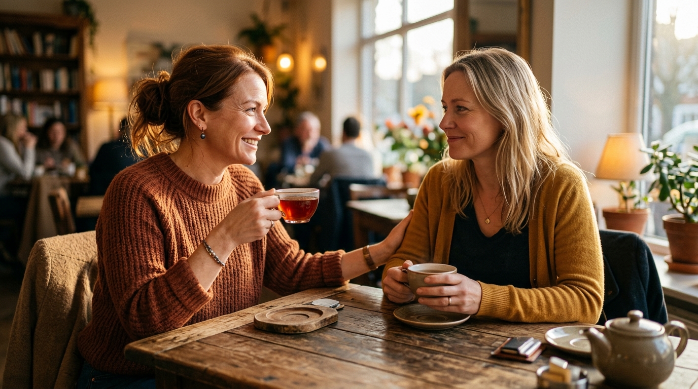 Two close friends having a calm, thoughtful reconciliation conversation in a warm tea lounge