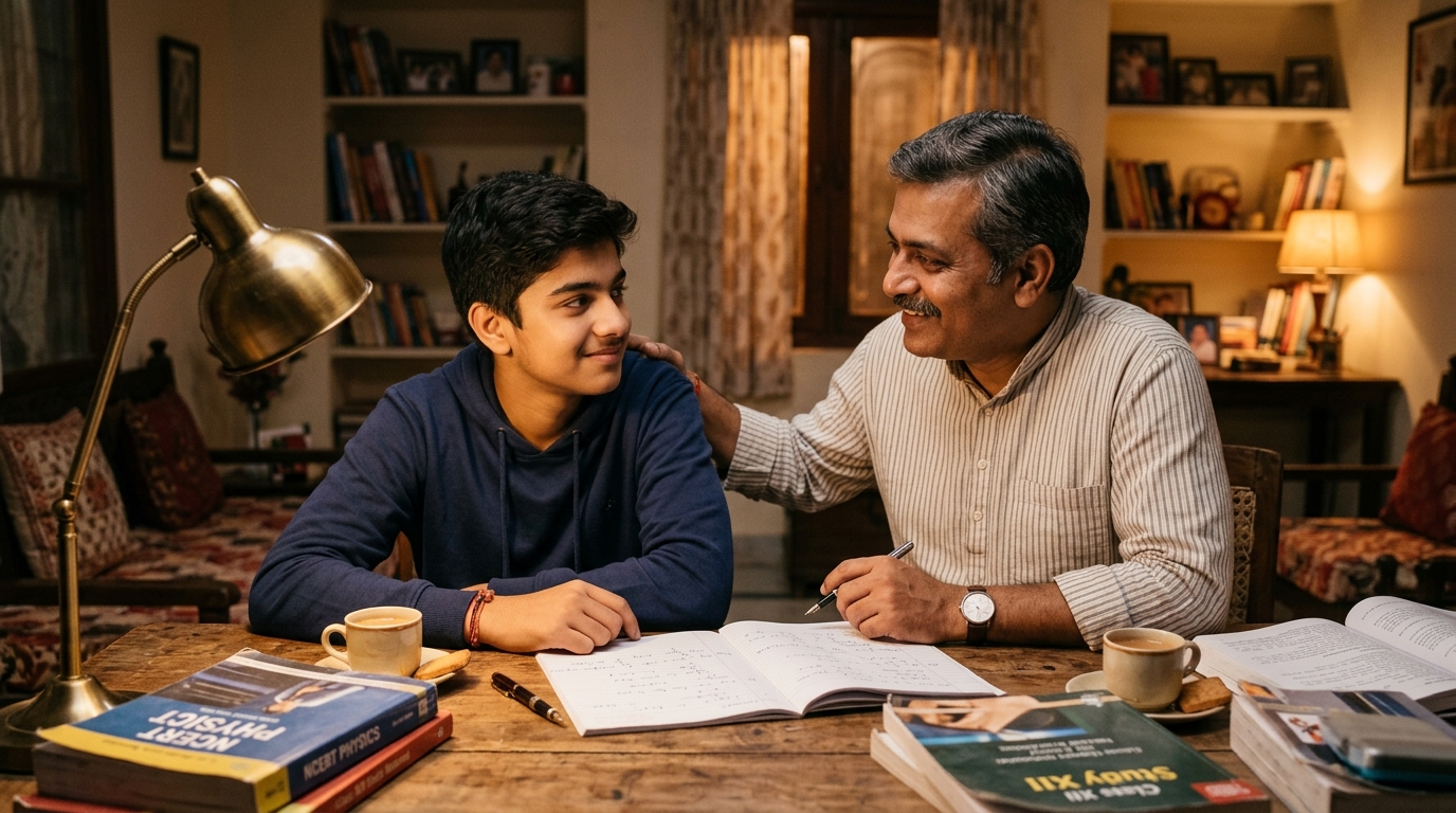 An Indian father and son having a warm, reassuring, loving conversation at a study desk