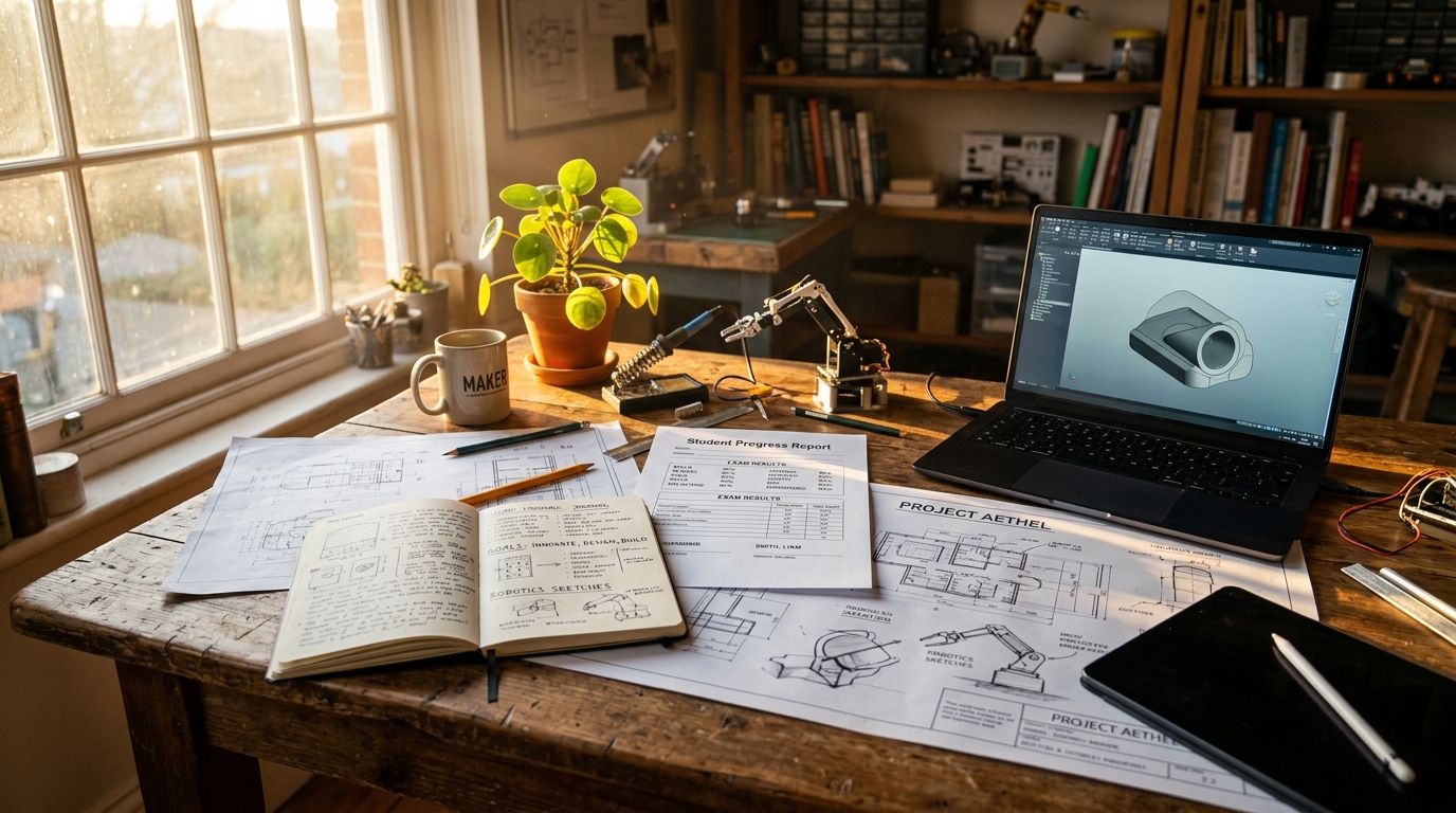 A student progress report marksheet lying beside inspiring tech blueprints, robotic prototypes and an open notebook with big dreams