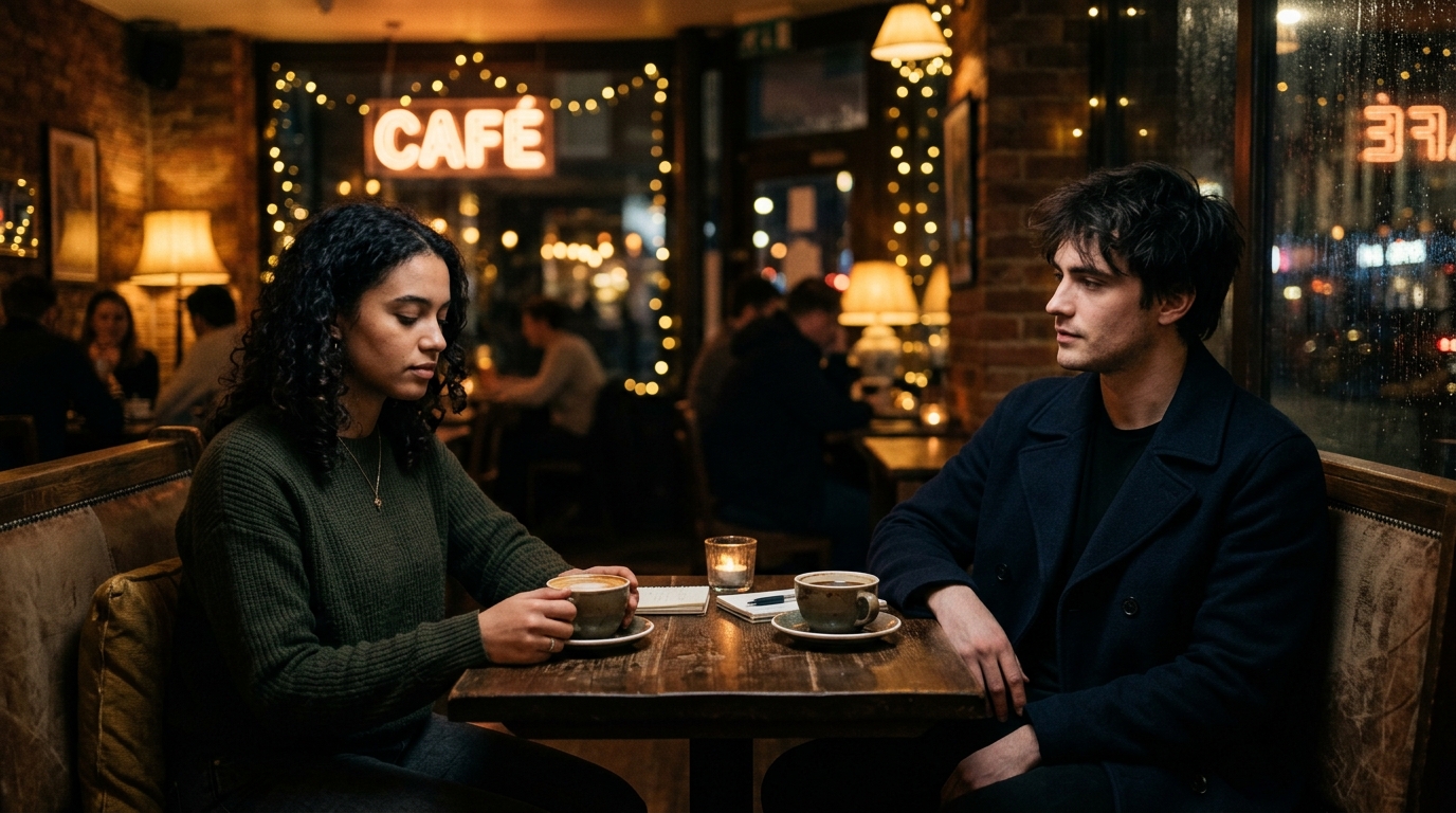 Two people sitting at a cafe table with warm bokeh lights, contemplating the emotional distance between them
