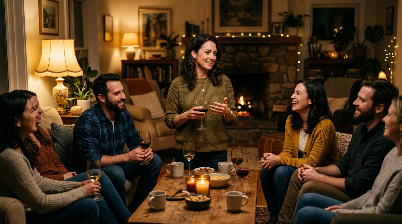 Confident, grounded communicator speaking warmly with an attentive group in an evening lounge