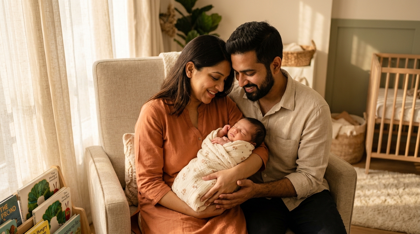 A loving mother and father gently swaddling and soothing their peaceful newborn baby