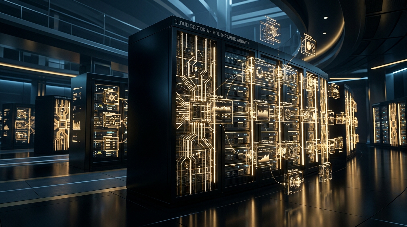 Clean illuminated futuristic cloud server cluster with interconnected glowing nodes representing modern software architecture
