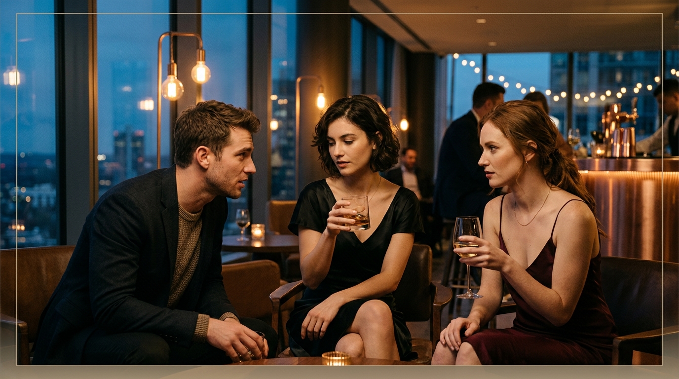 Three young adults in an elegant evening lounge with subtle emotional glances and atmospheric lighting