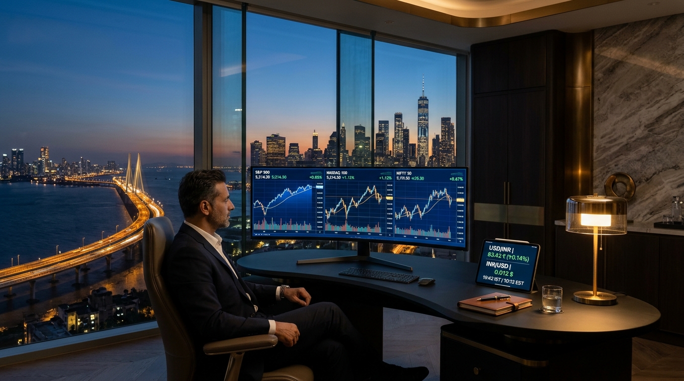 Panoramic office overlooking Mumbai and Wall Street with S&P 500 and global tech stock dashboards