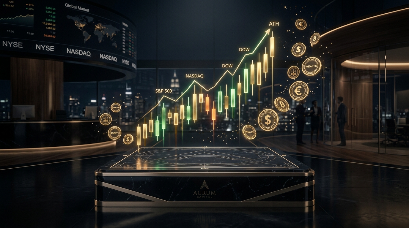 Rising golden stock market candlestick chart and coins representing compounding wealth
