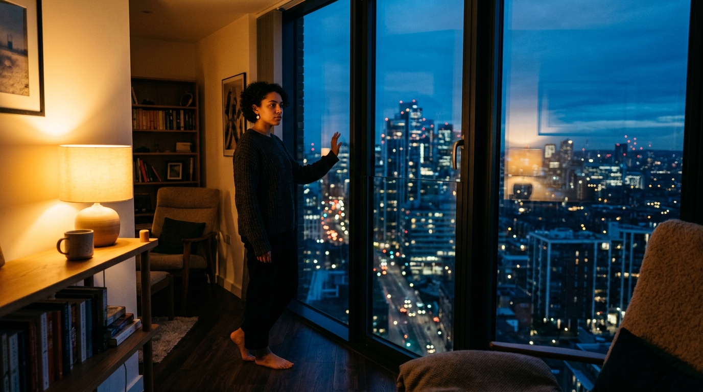 A person standing by an expansive window overlooking a rain-swept city skyline at twilight in deep contemplation
